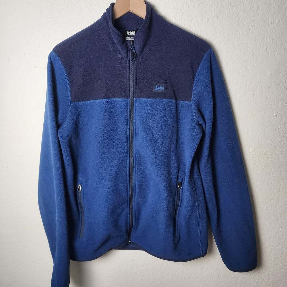 REI Co-op Jacket Mens Medium Blue Fleece Full Zip Stand Collar Pockets Outdoor